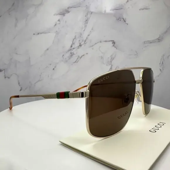 New GUCCI Sunglasses Gold Metal Square Aviator Pilot Red Green Web Logo Mens